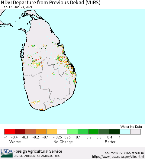Sri Lanka NDVI Departure from Previous Dekad (VIIRS) Thematic Map For 1/21/2021 - 1/31/2021