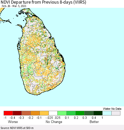 Sri Lanka NDVI Departure from Previous 8-days (VIIRS) Thematic Map For 2/26/2021 - 3/5/2021