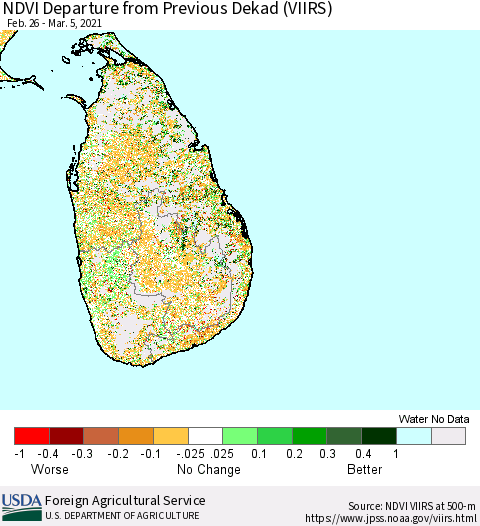 Sri Lanka NDVI Departure from Previous Dekad (VIIRS) Thematic Map For 3/1/2021 - 3/10/2021