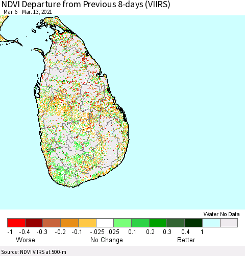 Sri Lanka NDVI Departure from Previous 8-days (VIIRS) Thematic Map For 3/6/2021 - 3/13/2021