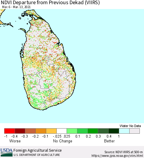 Sri Lanka NDVI Departure from Previous Dekad (VIIRS) Thematic Map For 3/11/2021 - 3/20/2021