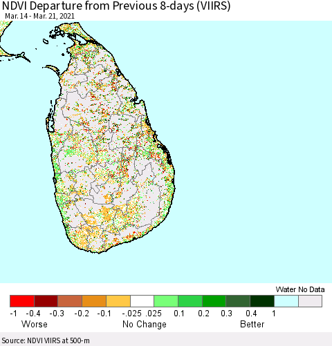 Sri Lanka NDVI Departure from Previous 8-days (VIIRS) Thematic Map For 3/14/2021 - 3/21/2021