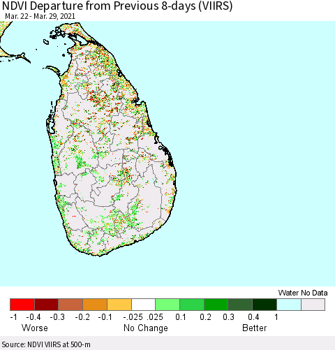 Sri Lanka NDVI Departure from Previous 8-days (VIIRS) Thematic Map For 3/22/2021 - 3/29/2021
