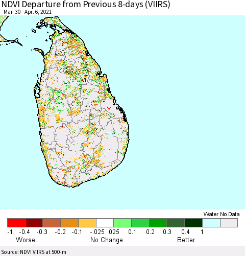 Sri Lanka NDVI Departure from Previous 8-days (VIIRS) Thematic Map For 3/30/2021 - 4/6/2021