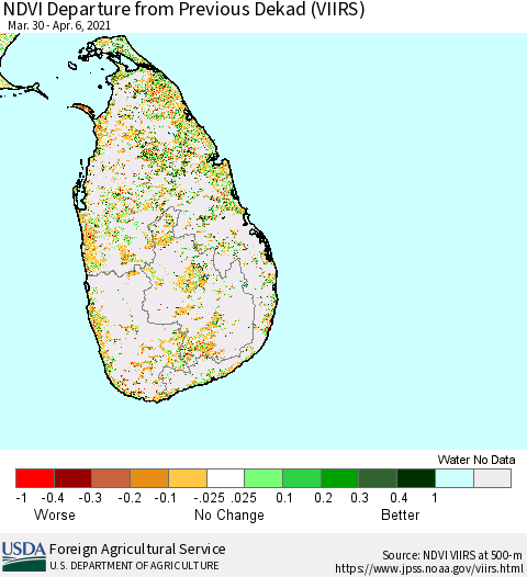 Sri Lanka NDVI Departure from Previous Dekad (VIIRS) Thematic Map For 4/1/2021 - 4/10/2021