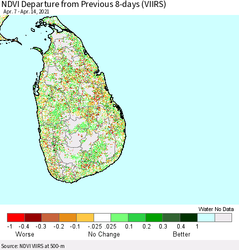 Sri Lanka NDVI Departure from Previous 8-days (VIIRS) Thematic Map For 4/7/2021 - 4/14/2021