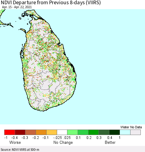 Sri Lanka NDVI Departure from Previous 8-days (VIIRS) Thematic Map For 4/15/2021 - 4/22/2021