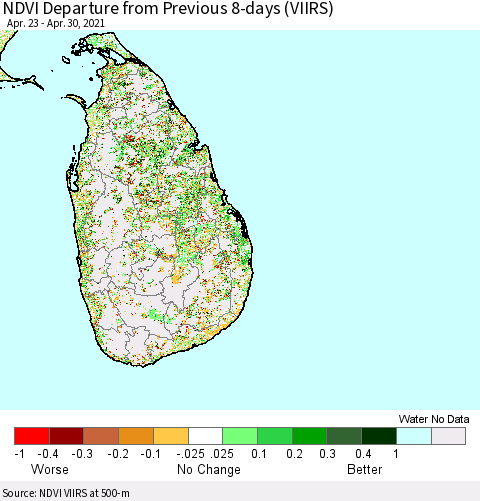 Sri Lanka NDVI Departure from Previous Dekad (VIIRS) Thematic Map For 4/21/2021 - 4/30/2021