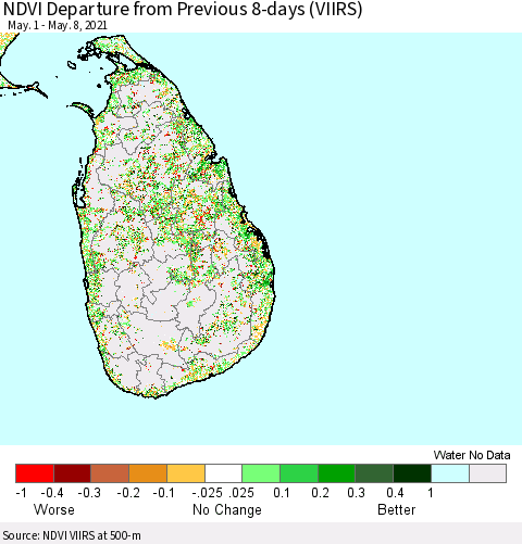 Sri Lanka NDVI Departure from Previous 8-days (VIIRS) Thematic Map For 5/1/2021 - 5/8/2021