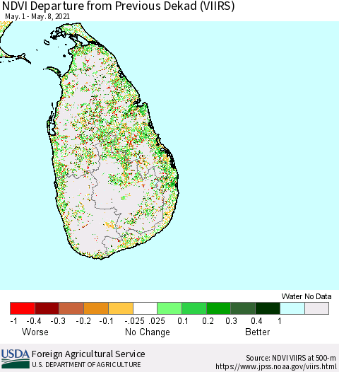 Sri Lanka NDVI Departure from Previous Dekad (VIIRS) Thematic Map For 5/1/2021 - 5/10/2021
