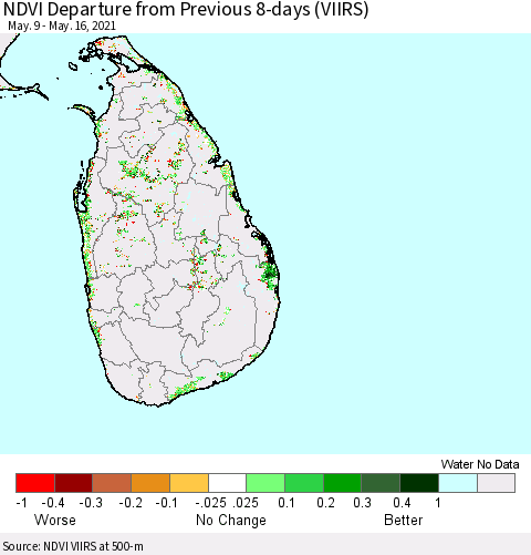 Sri Lanka NDVI Departure from Previous 8-days (VIIRS) Thematic Map For 5/9/2021 - 5/16/2021