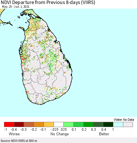 Sri Lanka NDVI Departure from Previous 8-days (VIIRS) Thematic Map For 5/25/2021 - 6/1/2021