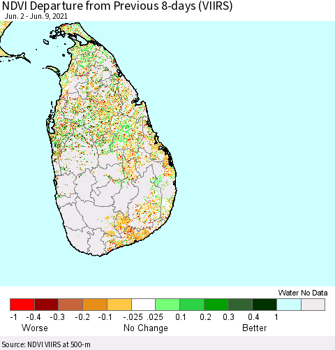 Sri Lanka NDVI Departure from Previous 8-days (VIIRS) Thematic Map For 6/2/2021 - 6/9/2021