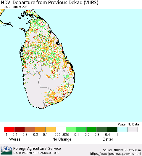 Sri Lanka NDVI Departure from Previous Dekad (VIIRS) Thematic Map For 6/1/2021 - 6/10/2021