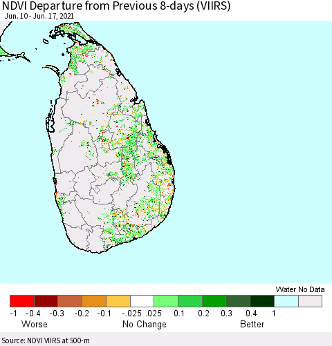 Sri Lanka NDVI Departure from Previous 8-days (VIIRS) Thematic Map For 6/10/2021 - 6/17/2021