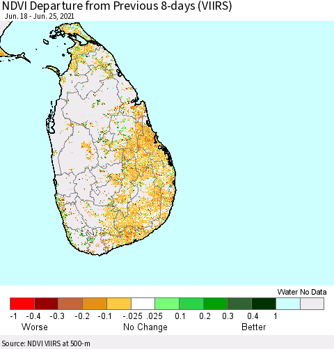 Sri Lanka NDVI Departure from Previous 8-days (VIIRS) Thematic Map For 6/18/2021 - 6/25/2021