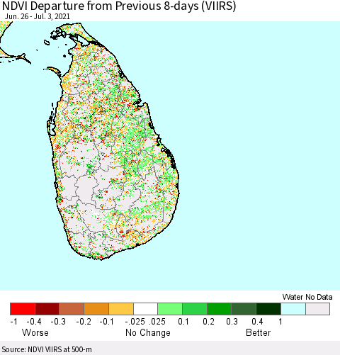 Sri Lanka NDVI Departure from Previous 8-days (VIIRS) Thematic Map For 6/26/2021 - 7/3/2021