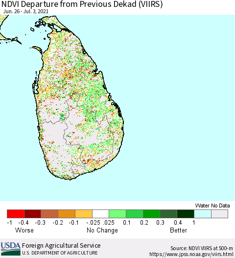 Sri Lanka NDVI Departure from Previous Dekad (VIIRS) Thematic Map For 7/1/2021 - 7/10/2021