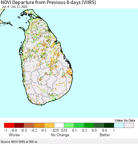 Sri Lanka NDVI Departure from Previous 8-days (VIIRS) Thematic Map For 7/4/2021 - 7/11/2021