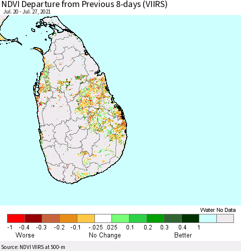 Sri Lanka NDVI Departure from Previous 8-days (VIIRS) Thematic Map For 7/20/2021 - 7/27/2021