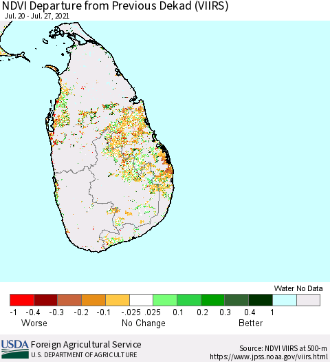 Sri Lanka NDVI Departure from Previous Dekad (VIIRS) Thematic Map For 7/21/2021 - 7/31/2021