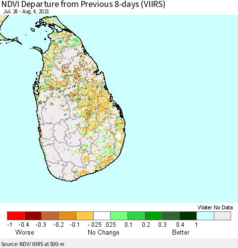 Sri Lanka NDVI Departure from Previous 8-days (VIIRS) Thematic Map For 7/28/2021 - 8/4/2021