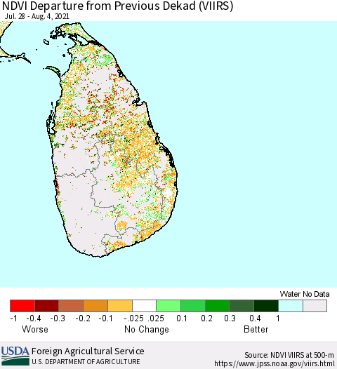 Sri Lanka NDVI Departure from Previous Dekad (VIIRS) Thematic Map For 8/1/2021 - 8/10/2021