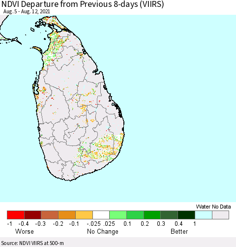 Sri Lanka NDVI Departure from Previous 8-days (VIIRS) Thematic Map For 8/5/2021 - 8/12/2021
