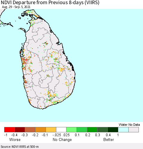 Sri Lanka NDVI Departure from Previous 8-days (VIIRS) Thematic Map For 8/29/2021 - 9/5/2021