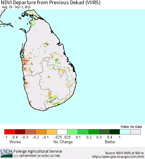 Sri Lanka NDVI Departure from Previous Dekad (VIIRS) Thematic Map For 9/1/2021 - 9/10/2021