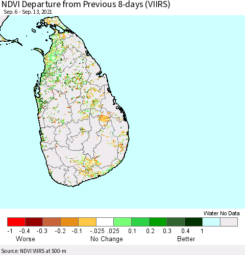 Sri Lanka NDVI Departure from Previous 8-days (VIIRS) Thematic Map For 9/6/2021 - 9/13/2021