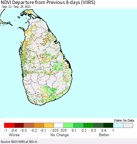 Sri Lanka NDVI Departure from Previous 8-days (VIIRS) Thematic Map For 9/22/2021 - 9/29/2021