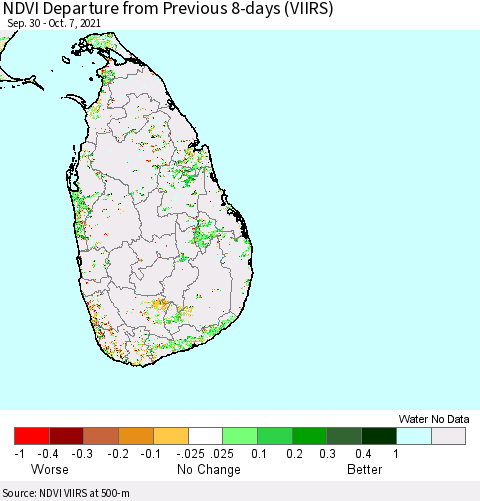 Sri Lanka NDVI Departure from Previous 8-days (VIIRS) Thematic Map For 9/30/2021 - 10/7/2021