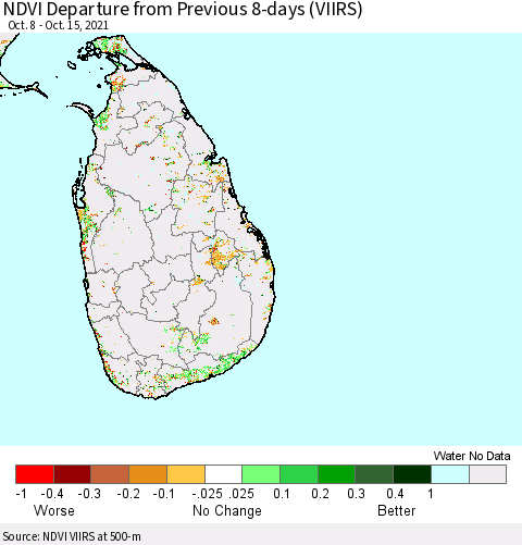 Sri Lanka NDVI Departure from Previous 8-days (VIIRS) Thematic Map For 10/8/2021 - 10/15/2021