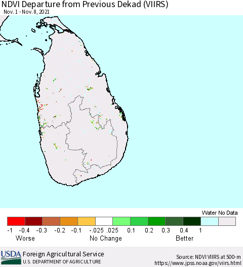 Sri Lanka NDVI Departure from Previous Dekad (VIIRS) Thematic Map For 11/1/2021 - 11/10/2021
