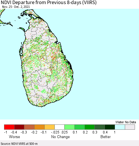 Sri Lanka NDVI Departure from Previous 8-days (VIIRS) Thematic Map For 11/25/2021 - 12/2/2021