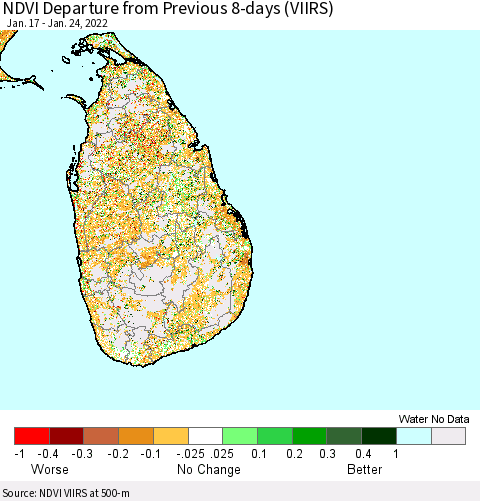 Sri Lanka NDVI Departure from Previous 8-days (VIIRS) Thematic Map For 1/17/2022 - 1/24/2022