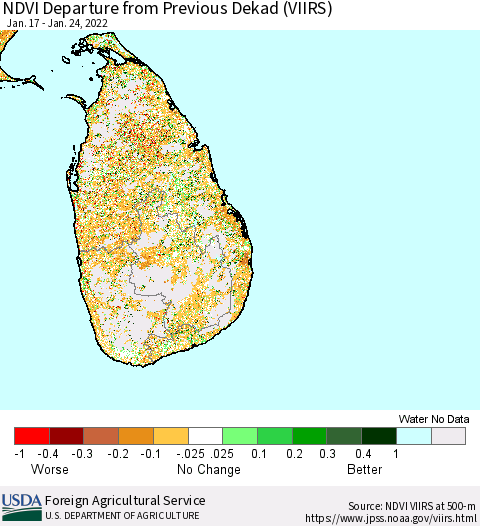 Sri Lanka NDVI Departure from Previous Dekad (VIIRS) Thematic Map For 1/21/2022 - 1/31/2022