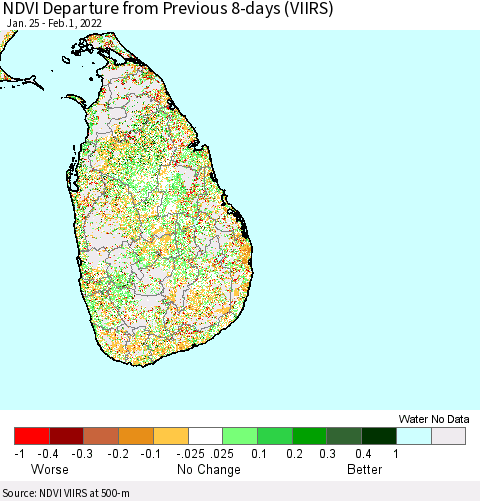 Sri Lanka NDVI Departure from Previous 8-days (VIIRS) Thematic Map For 1/25/2022 - 2/1/2022