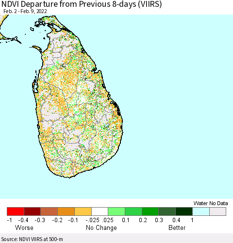 Sri Lanka NDVI Departure from Previous 8-days (VIIRS) Thematic Map For 2/2/2022 - 2/9/2022