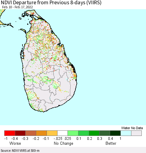 Sri Lanka NDVI Departure from Previous 8-days (VIIRS) Thematic Map For 2/10/2022 - 2/17/2022