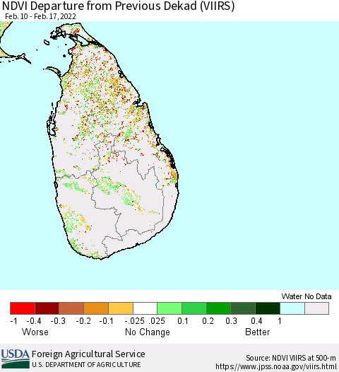 Sri Lanka NDVI Departure from Previous Dekad (VIIRS) Thematic Map For 2/11/2022 - 2/20/2022