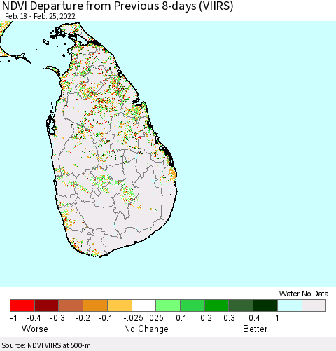 Sri Lanka NDVI Departure from Previous 8-days (VIIRS) Thematic Map For 2/18/2022 - 2/25/2022