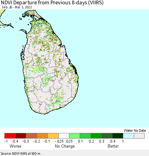 Sri Lanka NDVI Departure from Previous 8-days (VIIRS) Thematic Map For 2/26/2022 - 3/5/2022