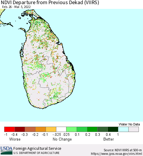 Sri Lanka NDVI Departure from Previous Dekad (VIIRS) Thematic Map For 3/1/2022 - 3/10/2022