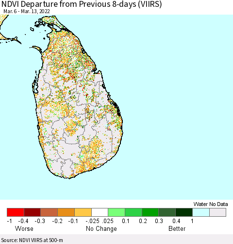 Sri Lanka NDVI Departure from Previous 8-days (VIIRS) Thematic Map For 3/6/2022 - 3/13/2022