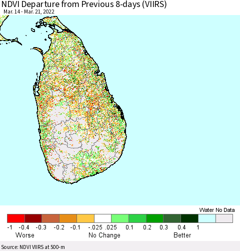 Sri Lanka NDVI Departure from Previous 8-days (VIIRS) Thematic Map For 3/14/2022 - 3/21/2022