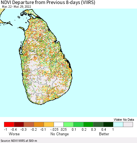 Sri Lanka NDVI Departure from Previous 8-days (VIIRS) Thematic Map For 3/22/2022 - 3/29/2022