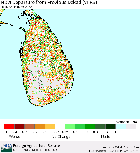 Sri Lanka NDVI Departure from Previous Dekad (VIIRS) Thematic Map For 3/21/2022 - 3/31/2022