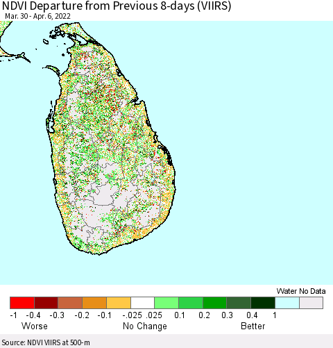 Sri Lanka NDVI Departure from Previous 8-days (VIIRS) Thematic Map For 3/30/2022 - 4/6/2022